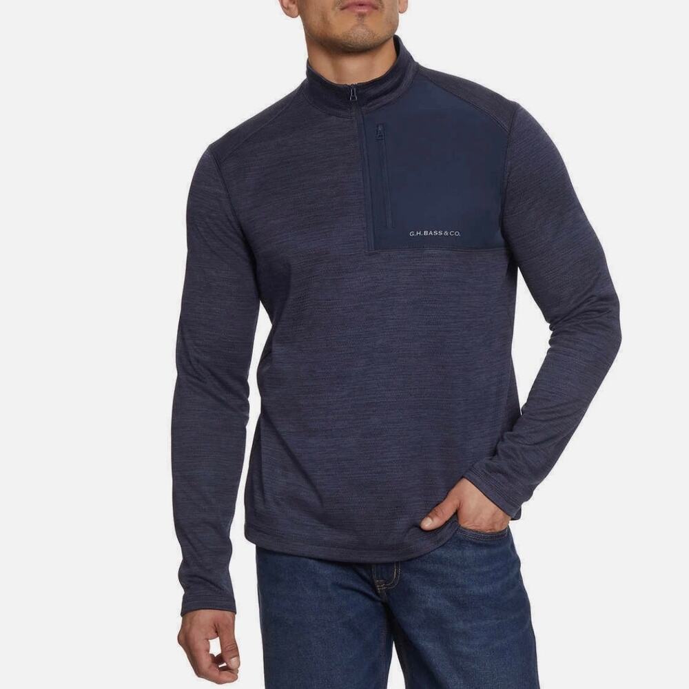 G.H. Bass & CO. Men's Med Mixed‎ Media 1/4 Zip Fleece Top BLUE Long Sleeve